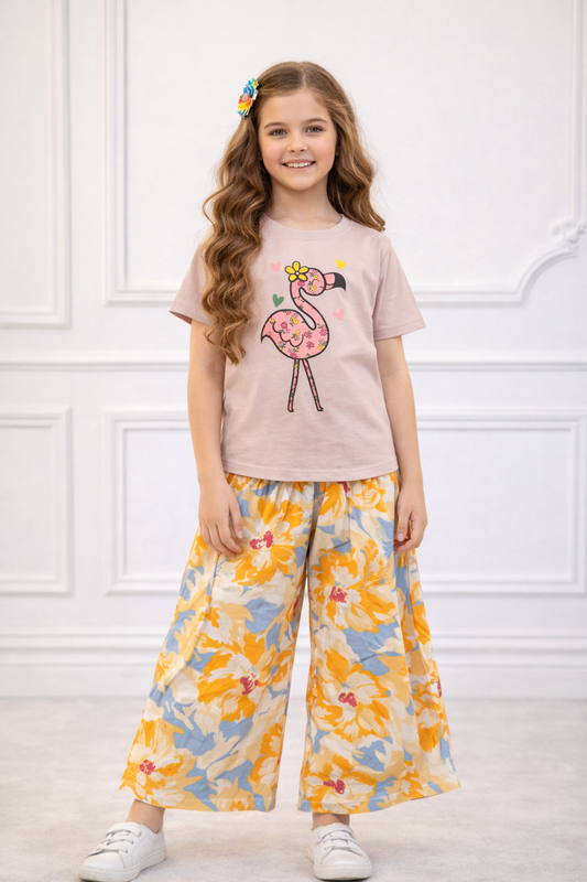Flamingo Printed Dusty Pink T-shirt & Cotton Flapper