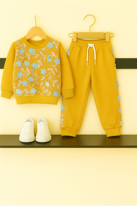 Girls’ Mustard Yellow 3D Floral Embellished Tracksuit 113