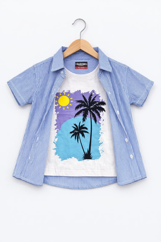 Light Blue Check Trees Printed Boys Double Casual T-shirt