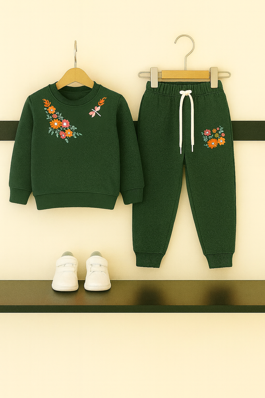 Green Embroidery Fleece Tracksuit – Cozy Winter Wear for Kids 240