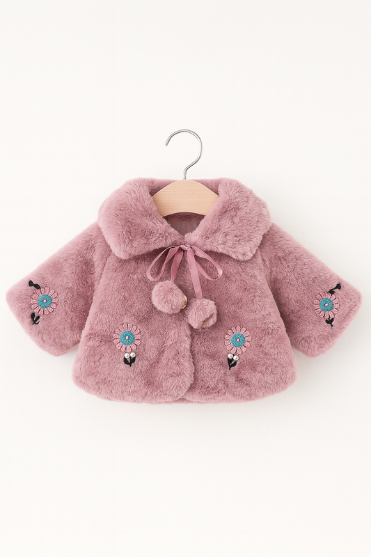 Baby Girl Furry Floral Cape Coat –Blush Pink