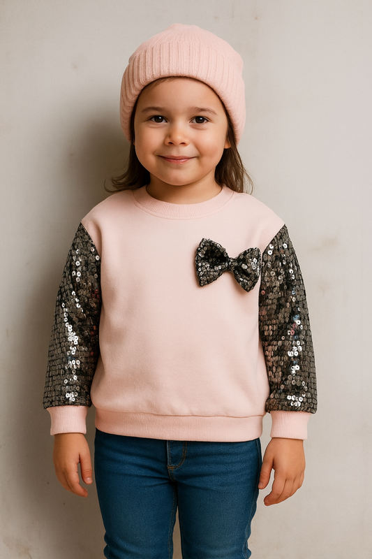 Girls Sequin Sleeve Bow Sweatshirt – Blush Pink 202