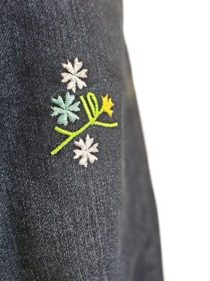White Flowers Embroidered Dark Blue Denim Flapper Pants Girls 269