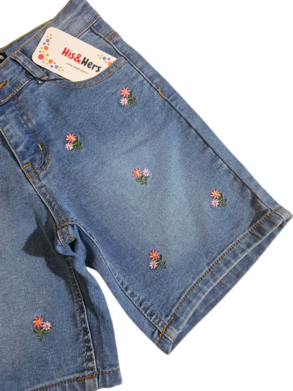 Pink Flowers Embroidery Mid Blue Denim Shorts Girls 118