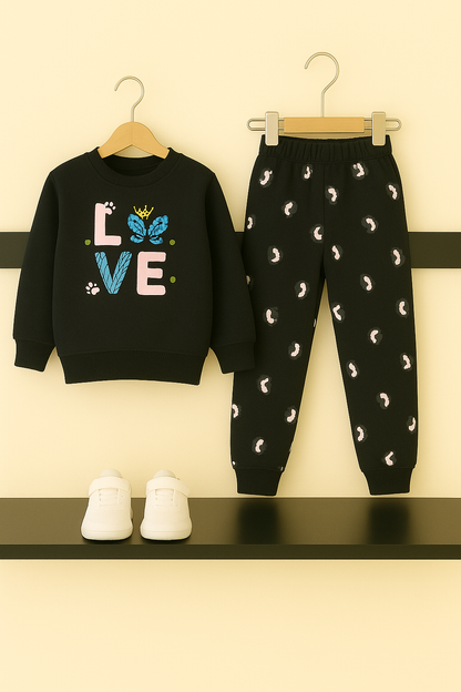LOVE & Butterfly Print Black Tracksuit Girls 276