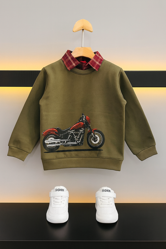 Motorbike Olive Green Double Sweatshirt Boys 457