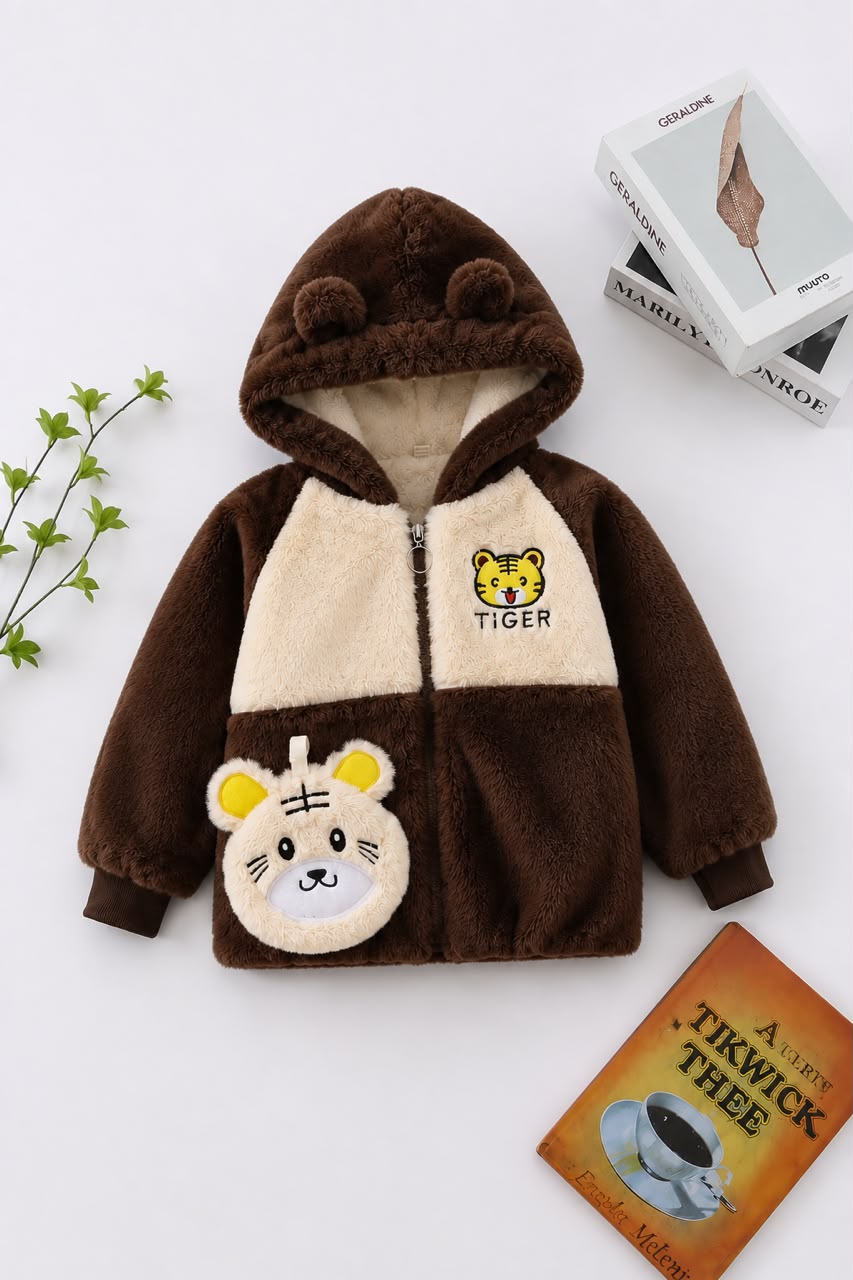Kids Tiger Plush Hooded Jacket – Chocolate Brown & Cream 122