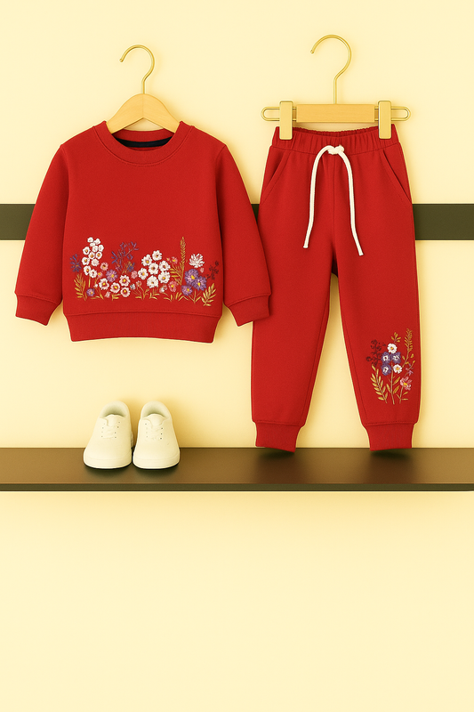 Red Embroidery Fleece Tracksuit – Cozy Winter Wear for Kids 455