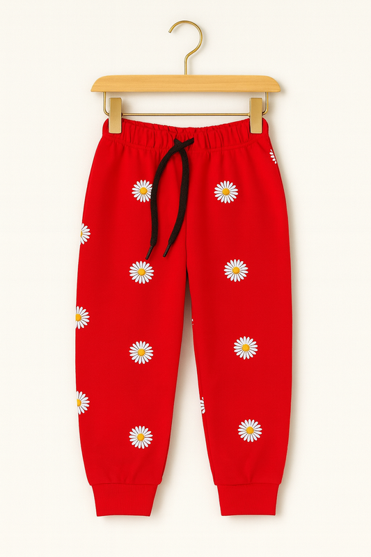 Daisy Bloom Printed Joggers – Cherry Red 🌼❤️