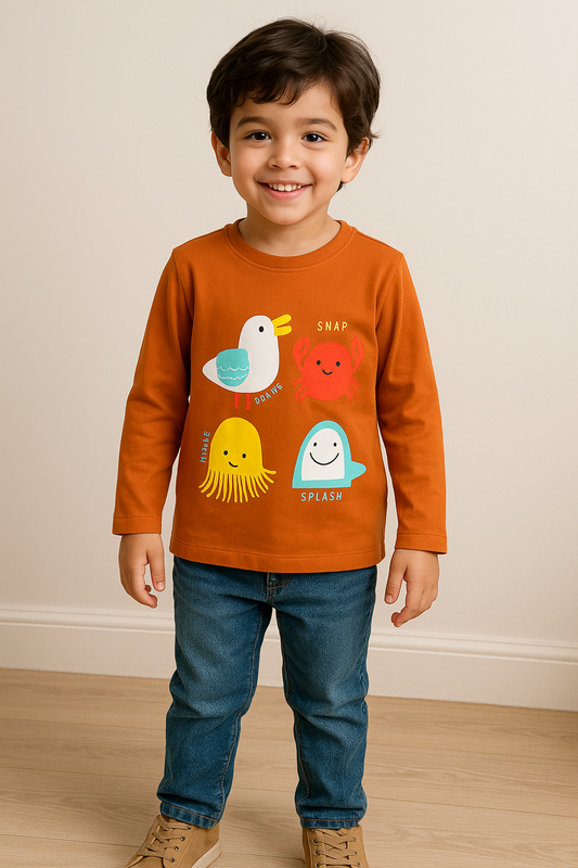 Sea Animals Print Full Sleeves Burnt Orange T-Shirt 440