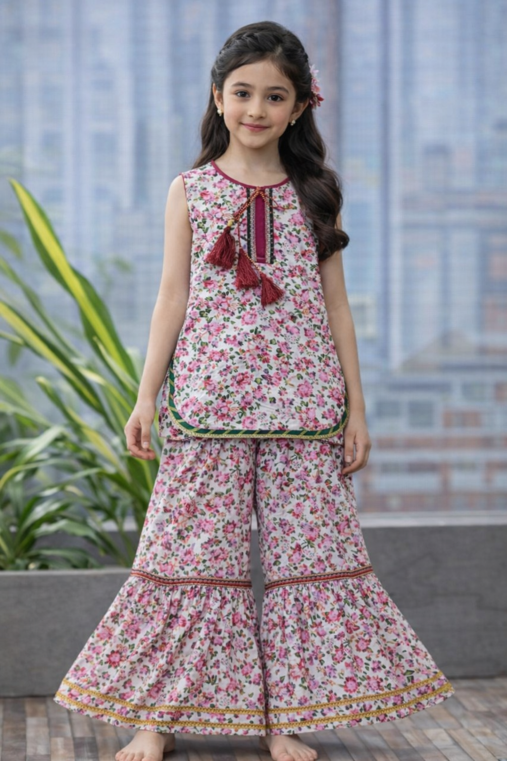 Girls pink floral sharara suit in imported cotton with tassel neckline and ruffle sharara pants
