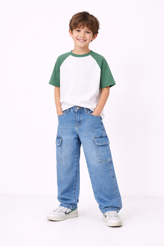 Boys Baggy Cargo Jeans-Mid Blue