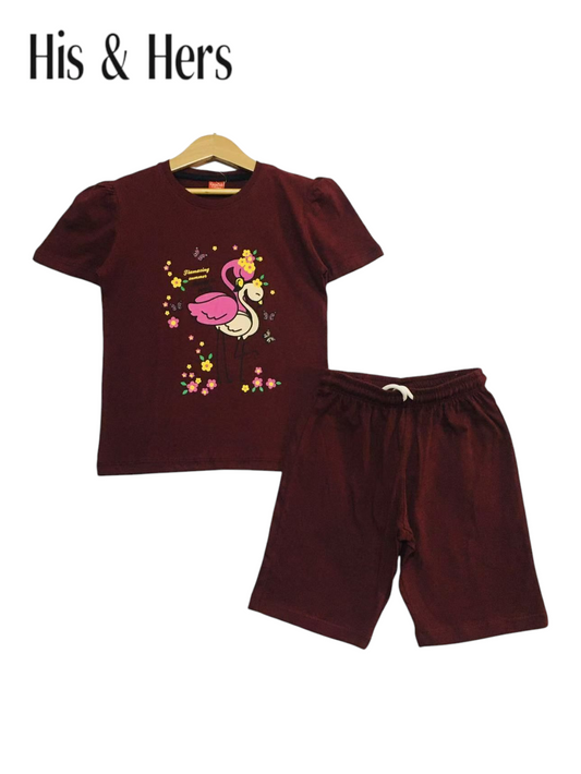 Flamingo Print Mahroon Nicker Suit Girls 226