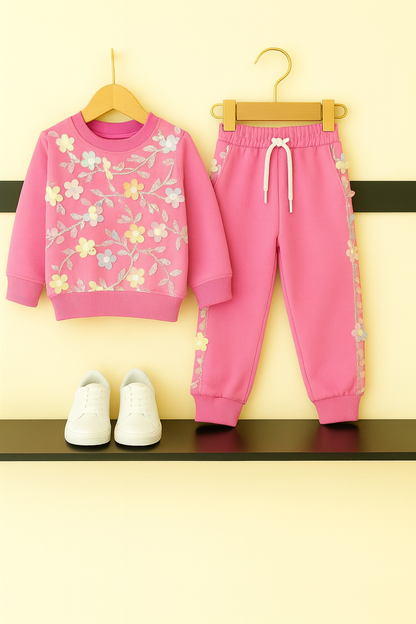 Girls’ Fuchsia 3D Floral Embellished Tracksuit 208