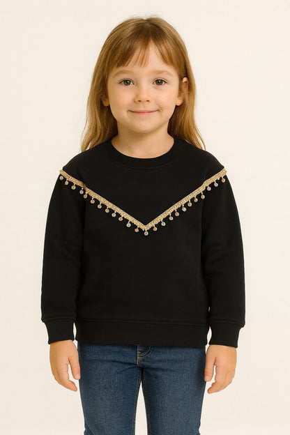 Girls' Black Sweatshirt with Golden Lace & Beaded Tassel Trim 259