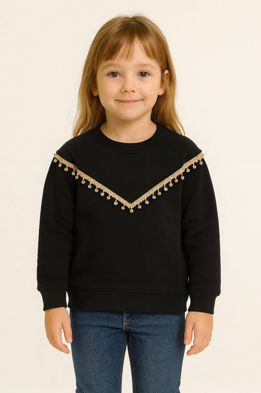 Girls' Black Sweatshirt with Golden Lace & Beaded Tassel Trim 259