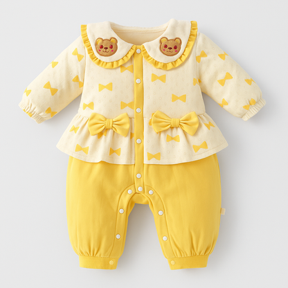 Sweet Bear Bow Baby Romper – Mustard & Cream