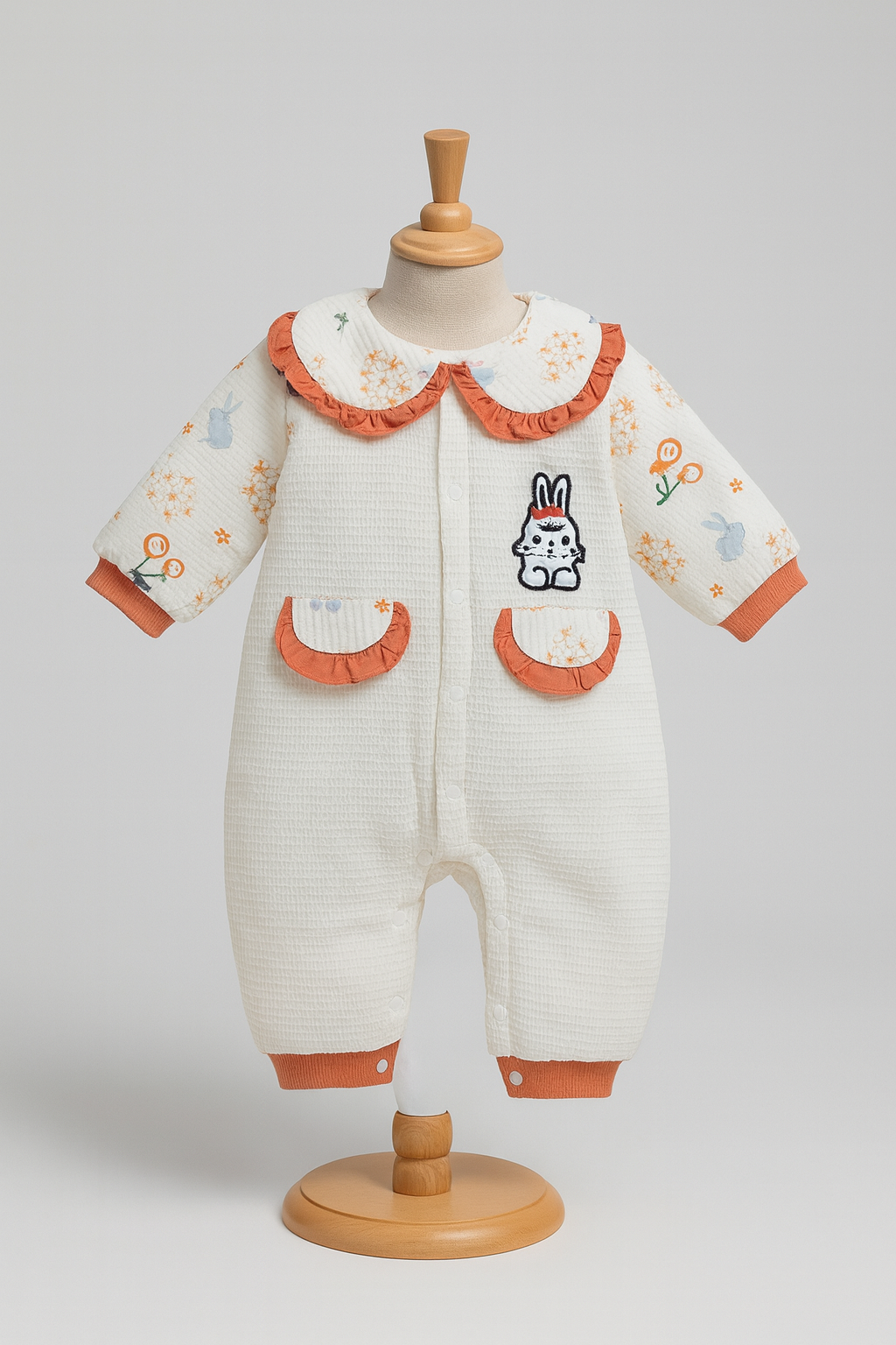Oranfe Cozy Floral Baby Jumpsuit – Bunny Patch & Ruffle Details