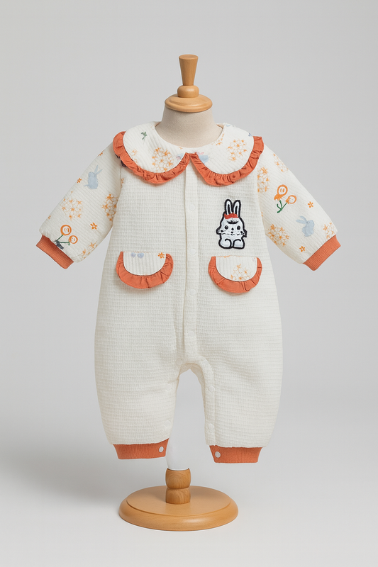 Oranfe Cozy Floral Baby Jumpsuit – Bunny Patch & Ruffle Details