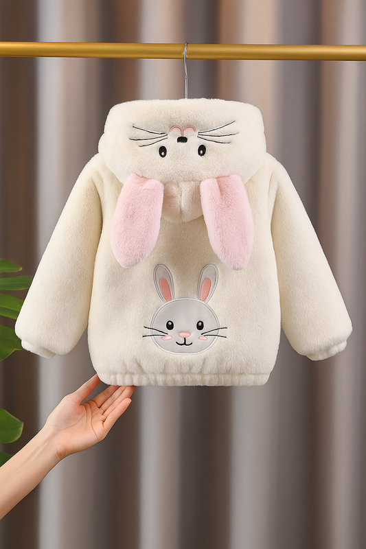 Cream White Bunny Plush Winter Coat for Girls