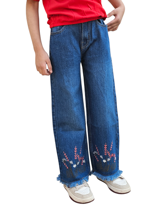 Flower Embroidery Kid's Mid Blue Denim Pants Girls 118