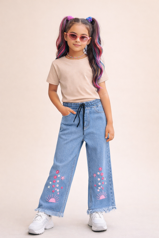 Floral & Sun Embroidered Frayed Hem Jeans L Blue 120