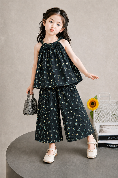Elegant Floral Black Top & Wide-Leg Pants Set