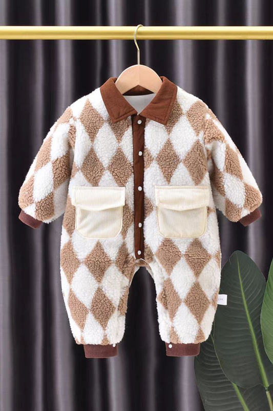 Cozy Brown Diamond Fleece Romper – Winter Warm Edition
