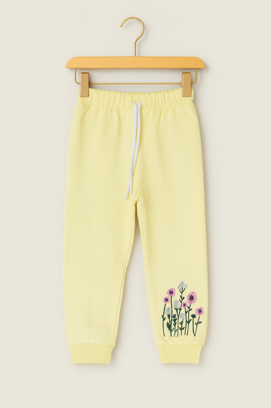 Blossom Charm Embroidered Joggers – Lemon Yellow 🌼