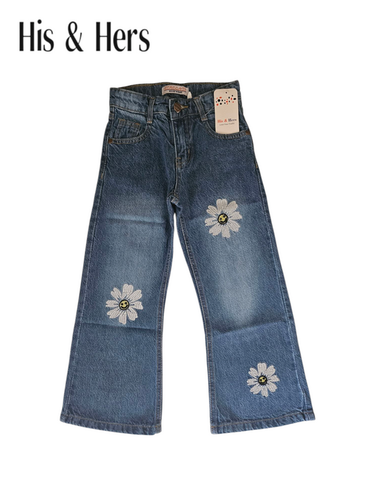 Three White Flowers Embroidered Mid Blue Denim Flapper Pants Girls 269