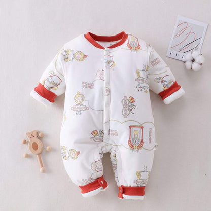 Cozy Cartoon-Print Winter Baby Romper with Red Trim