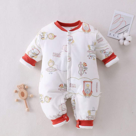Cozy Cartoon-Print Winter Baby Romper with Red Trim