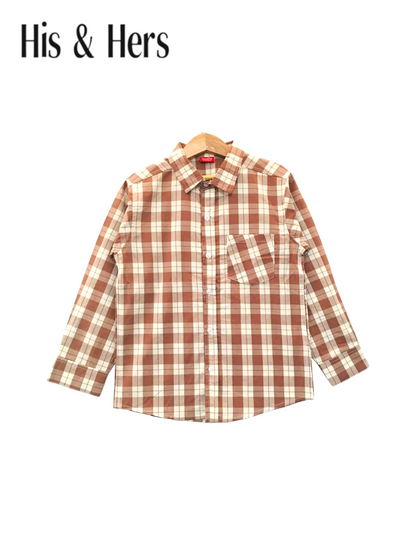 Brown &White  Checked Long Sleeve Cotton Dress Shirt 109
