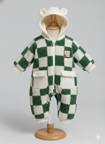 Green Check Teddy Hood Romper