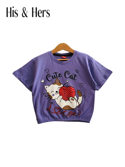 Cute Cat Purple T-Shirt Short Length Girls 220