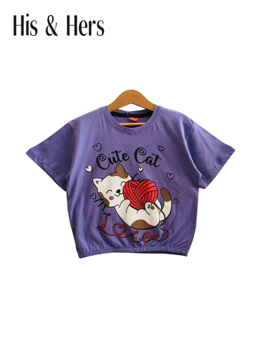 Cute Cat Purple T-Shirt Short Length Girls 220