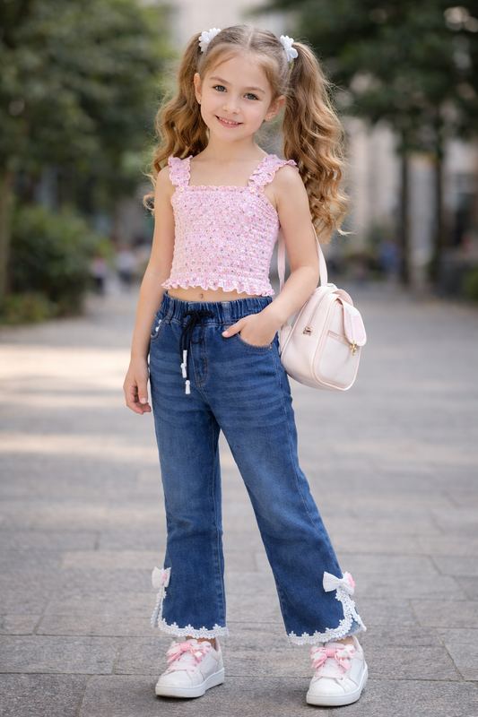 Girls Blue Denim Pants with Lace Hem – Bow Tie 🎀290