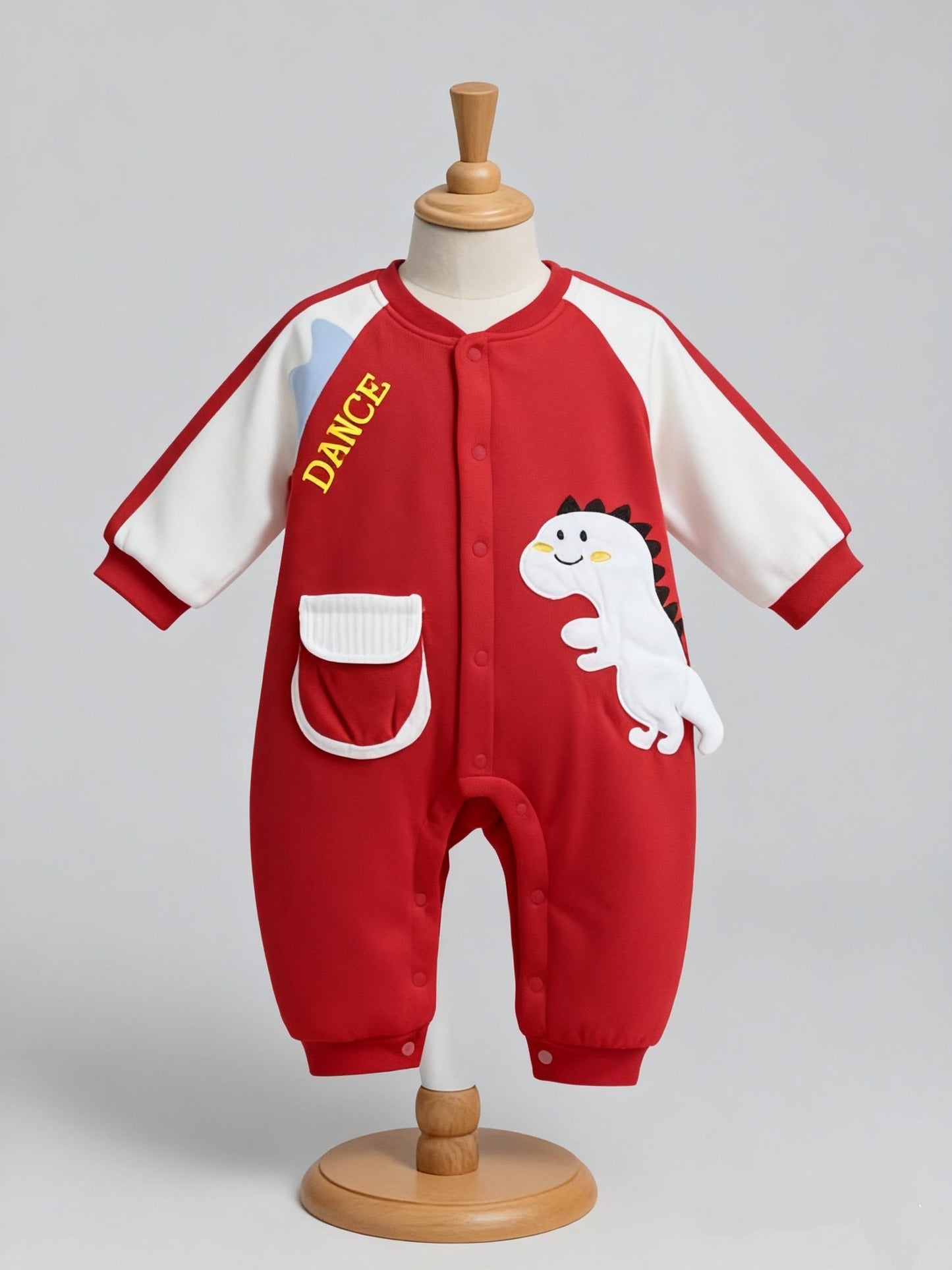 Playful Dino Dance Baby Romper – Red & Cream
