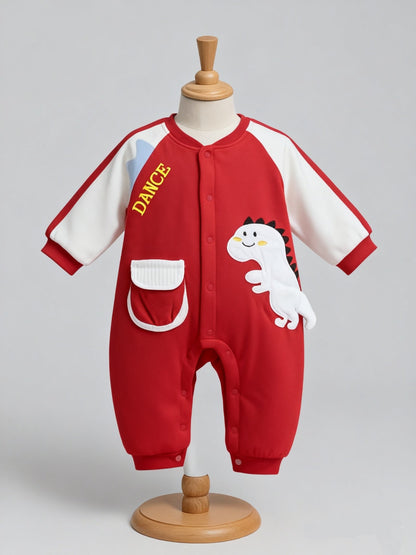 Playful Dino Dance Baby Romper – Red & Cream