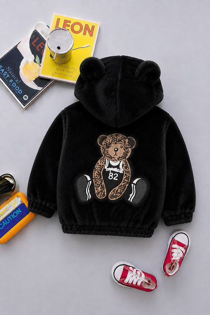 Teddy Bear Patch Plush Hooded Jacket – Black