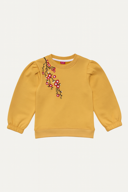 Girls Mustard Yellow Sweatshirt – Floral Embroidery with Puff Sleeves 123
