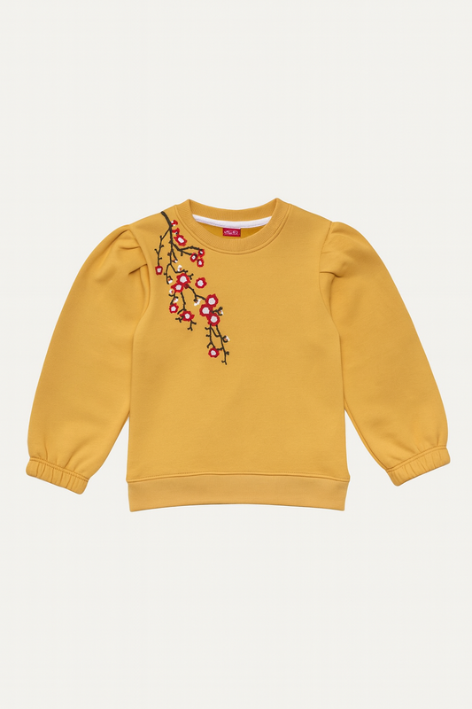 Girls Mustard Yellow Sweatshirt – Floral Embroidery with Puff Sleeves 123