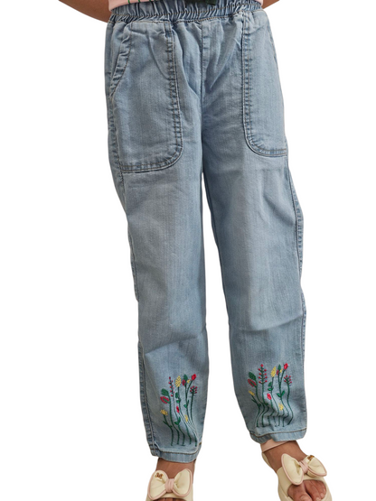 Colorful Flowers Embroidered Light Blue Soft Denim Flapper Pants Girls 270
