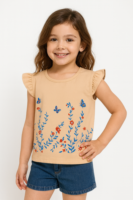 Butterfly & Flowers Sleeveless Beige T-Shirt Girls