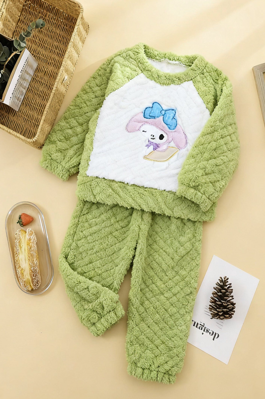 Girls’ Warm Coral Fleece Dolly Night Suit - Green
