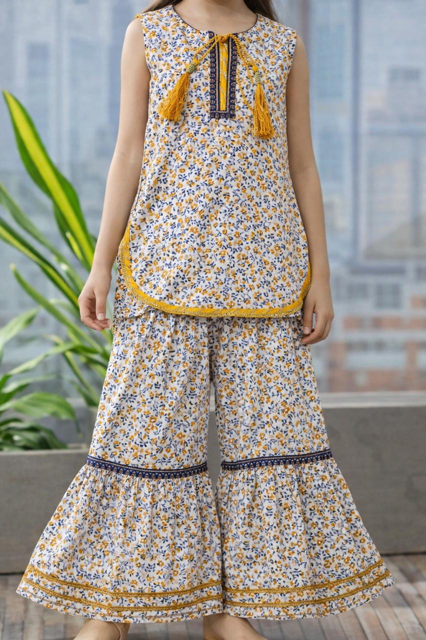 Girls Mustard Floral Sharara Suit – Cotton Festive Wear