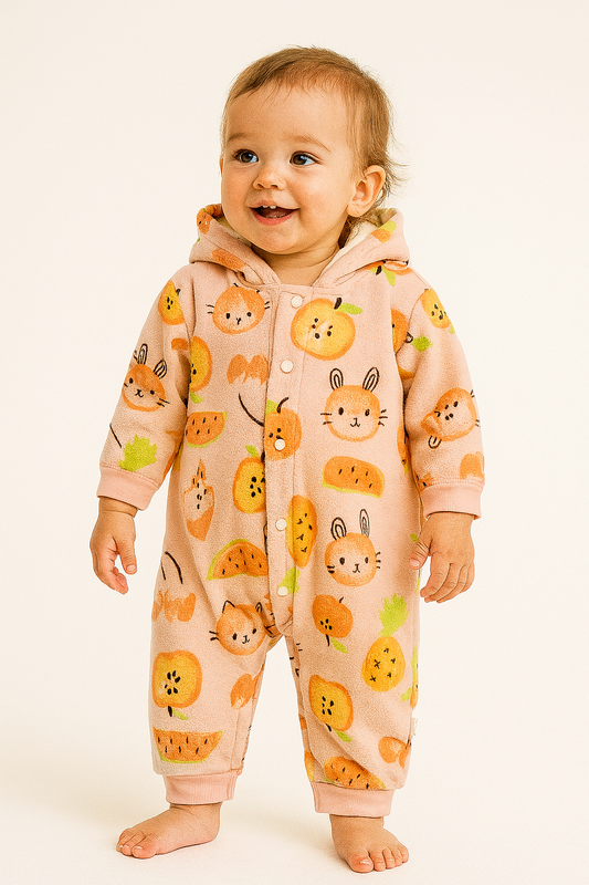 Yummy Fruits Print Polar Fleece Pink Jumpsuit Bodysuit