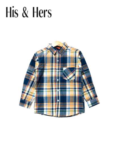 Yellow&Navy Checked Long Sleeve Cotton Dress Shirt 109