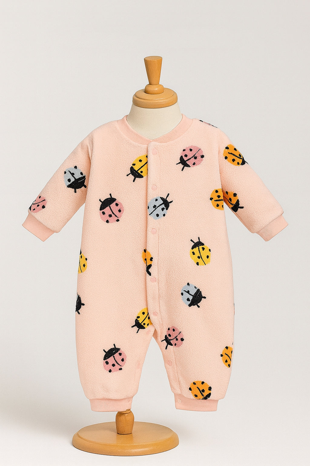 Cute Ladybug Print Polar Fleece Pink Jumpsuit Bodysuit