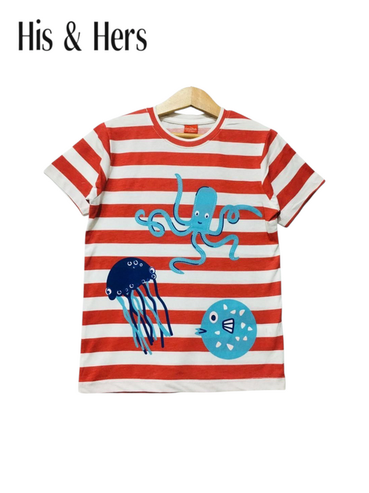 Sea Animals Print Red & White Stripped T-Shirt Boys 449